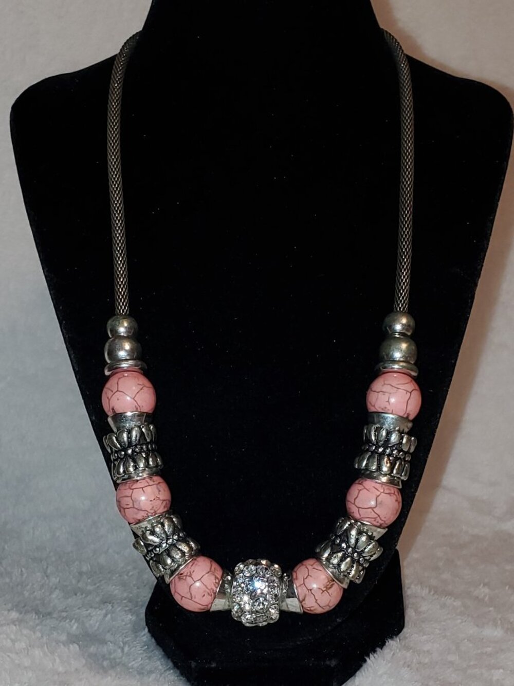 Stunning pink bead statement necklace with silver, rhinestones and cable chain